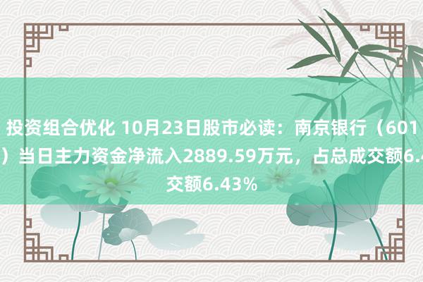 投资组合优化 10月23日股市必读：南京银行（601009）当日主力资金净流入2889.59万元，占总成交额6.43%