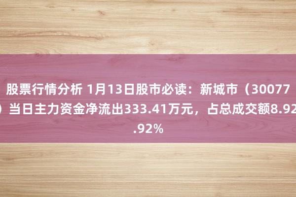 股票行情分析 1月13日股市必读：新城市（300778）当日主力资金净流出333.41万元，占总成交额8.92%